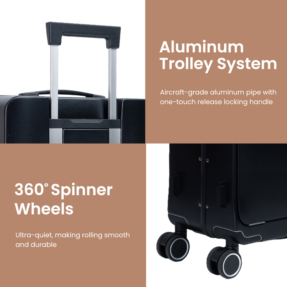 1025 Luggage Aluminum Carry-on Luggage with Front compartment, Hard shell Suitcase, Wheeled Soft Handle Luggage Airline Approved, TSA Approved Lock - 图片 2